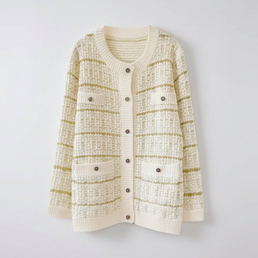Textured cardigan with button details on a white background