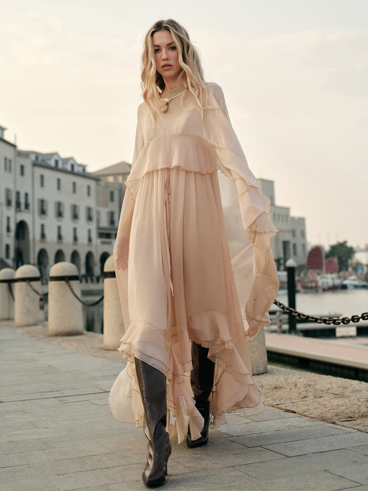 chiffon layered long dress boohoo Women's Crinkle Chiffon & Lace Layered Maxi Dress in Ivory | Size: 12