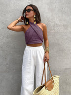 Purple crisscross halter tank top