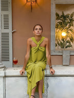 Cross Halter Split Long Dress in green