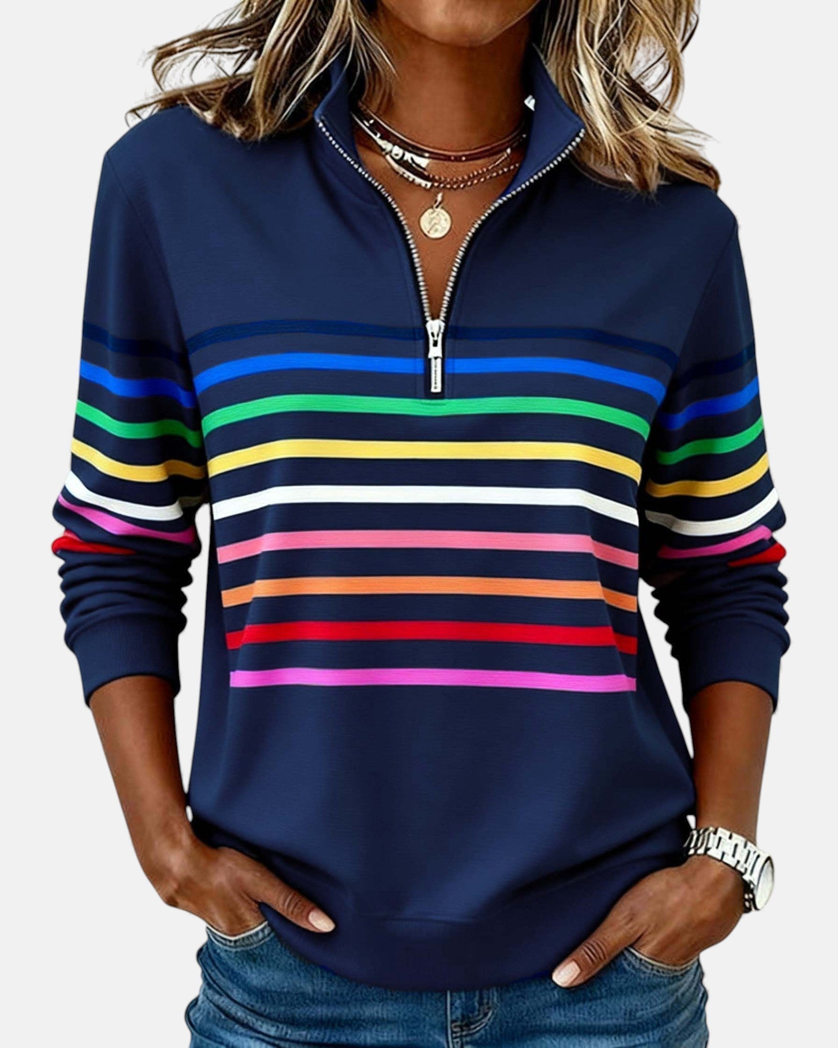 Marlowe | Rainbow Striped Zip-Up Sweatshirt