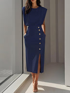 Seraphina| Round Neck Button Midi Dress