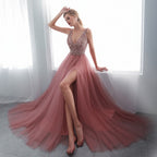 Elegant prom dress for women v neck sleeveless floor length gown