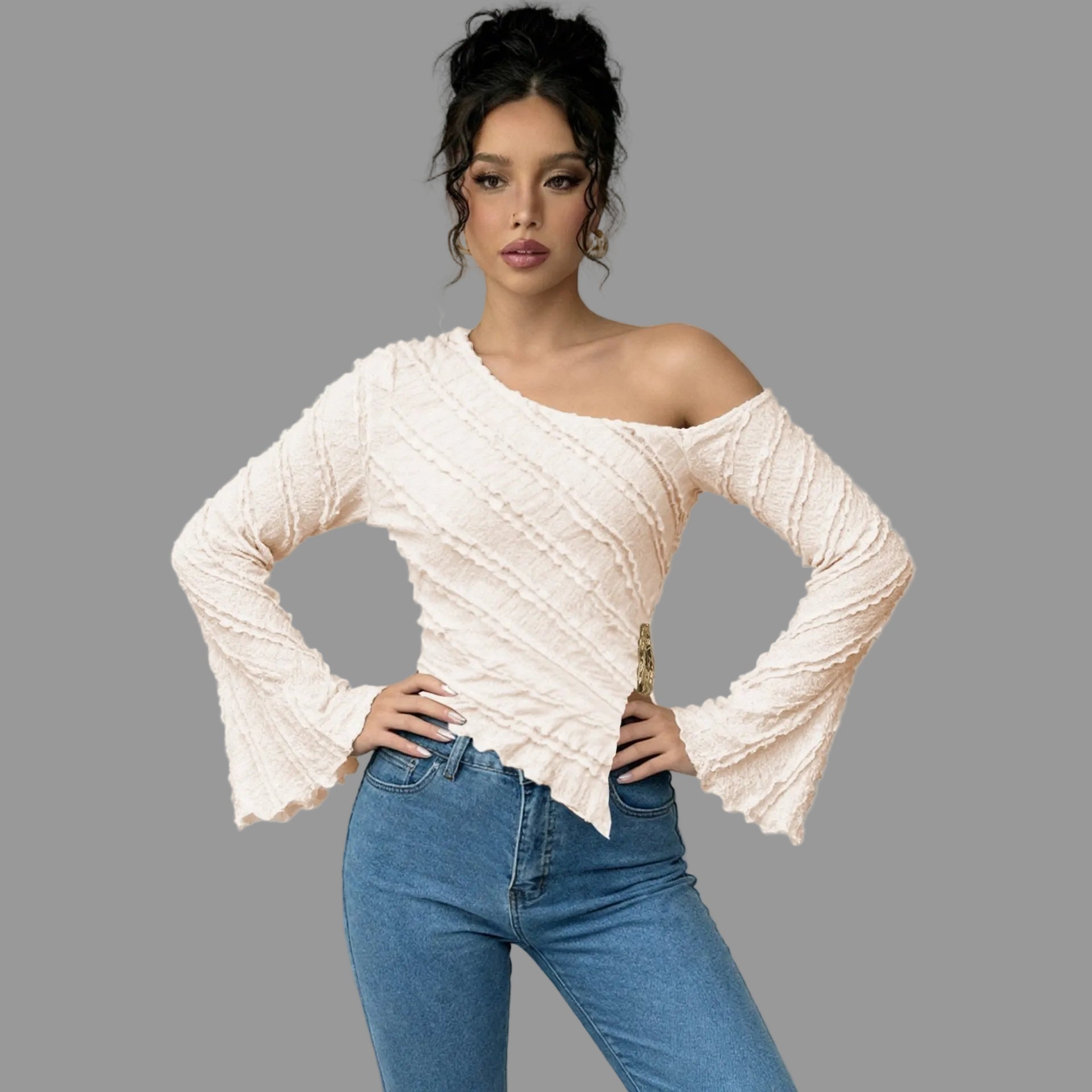Everyday chic stylish top for women puff sleeve jacquard blouse
