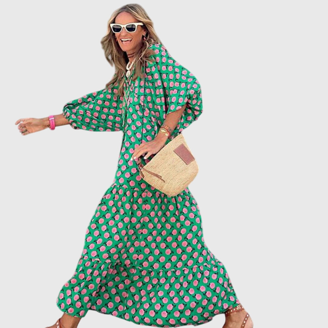 Marguerite Boho Maxi Dress in Green-Pink