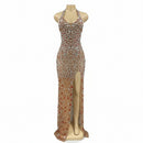  Glitter rhinestone prom dress elegant sleeveless sequin long dress for women