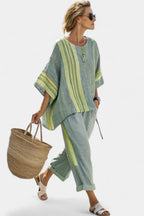 Lumivé | Lavender Linen Top & Striped Pants Set