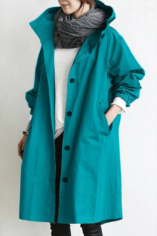 Hooded Trench Coat in Turquoise blue