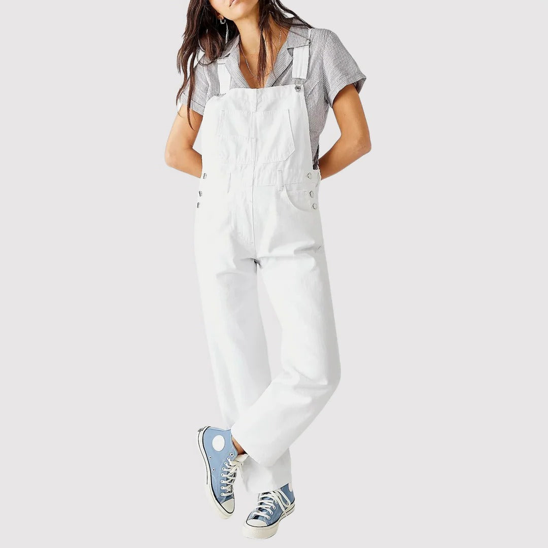 White full-length dungarees