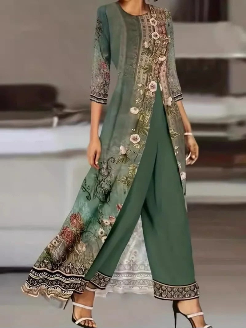 Women's jersey floral two-piece set in green