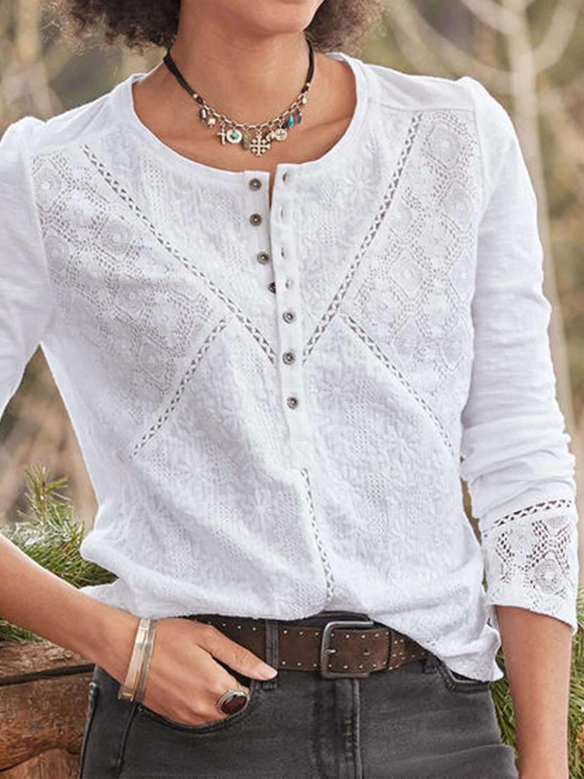 Elegant Lace Crew Neck Long Sleeve Shirt - White