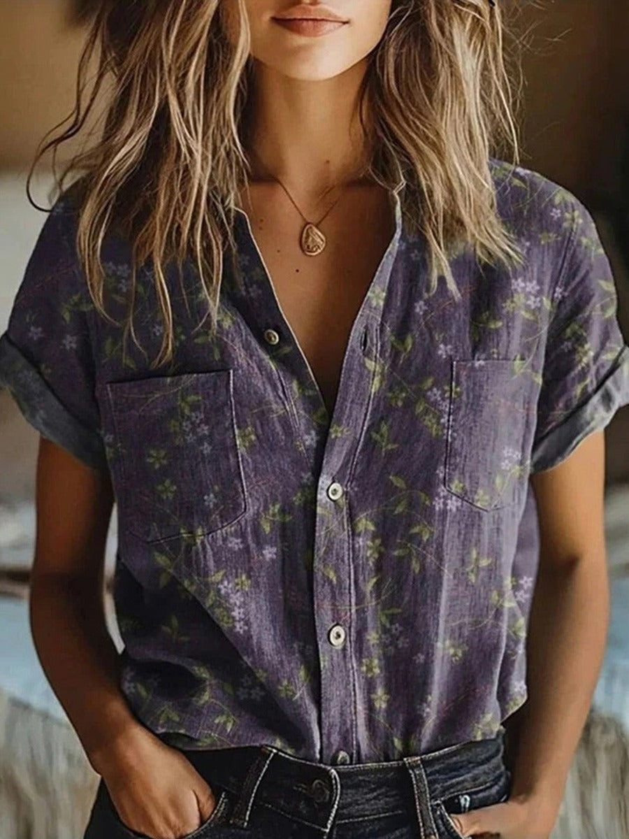Women's Floral Vintage Lapel Short Sleeve Blouse - Purple