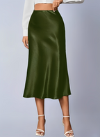 Women's Satin Midi Skirt Slip Style - High Waist Silk A-Line, Office, Wedding Guest, Bridesmaid