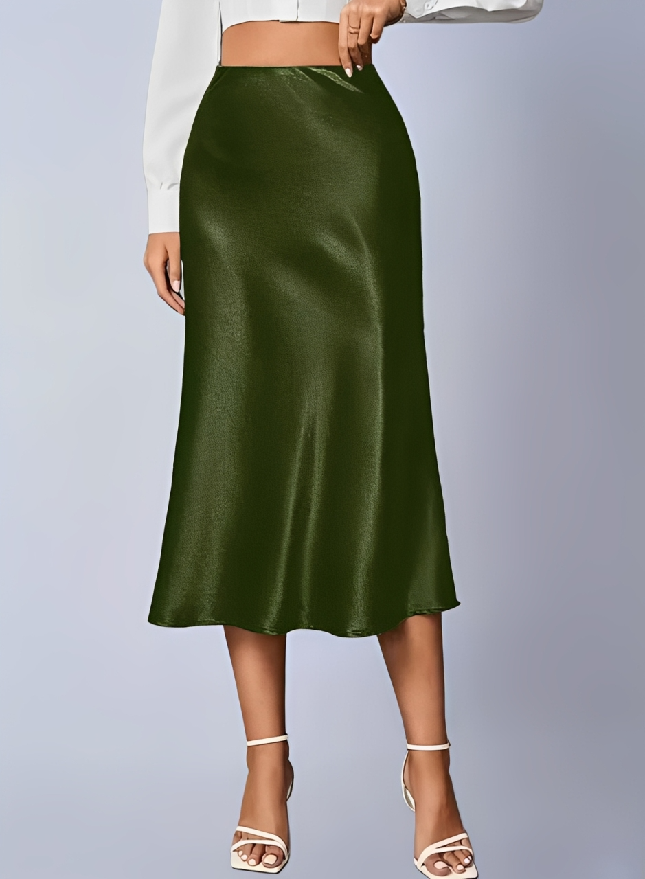 Women's Satin Midi Skirt Slip Style - High Waist Silk A-Line, Office, Wedding Guest, Bridesmaid