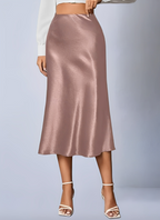Women's Satin Midi Skirt Slip Style - High Waist Silk A-Line, Office, Wedding Guest, Bridesmaid