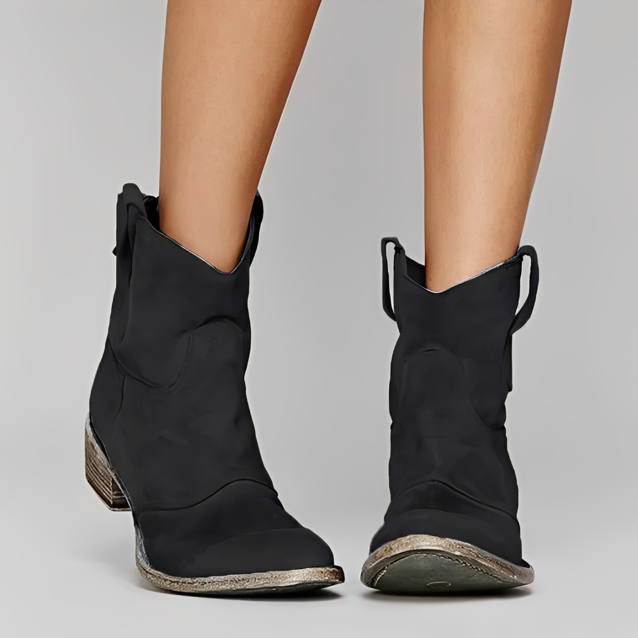 Women’s Vintage Western Ankle Boots – Pointed Toe Low Heel Slip-On Booties