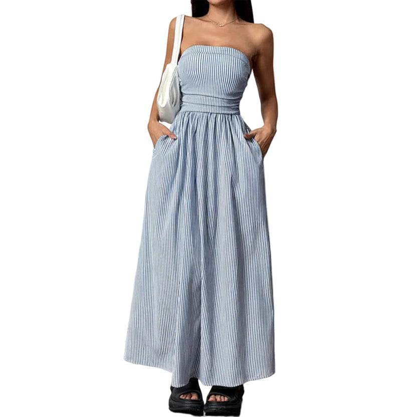 Long pocket dress for women strapless sleeveless floor length maxi dress