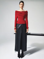 Off Shoulder Wrap Long Sleeve Knit Top in red