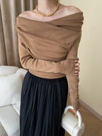 Off Shoulder Wrap Long Sleeve Knit Top in brown