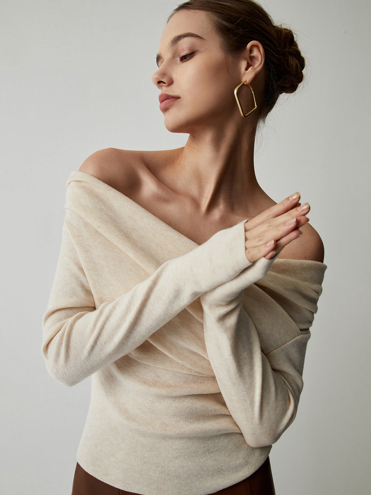 Off Shoulder Wrap Long Sleeve Knit Top wrap detail