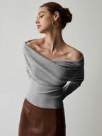 Off Shoulder Wrap Long Sleeve Knit Top in grey