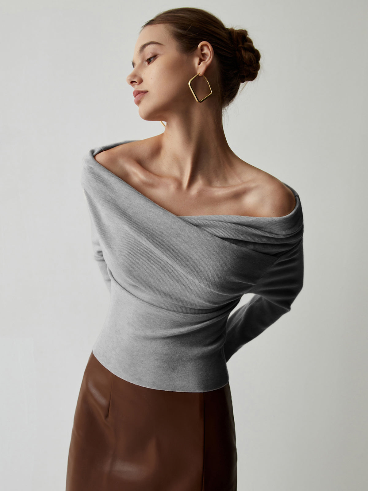 Off Shoulder Wrap Long Sleeve Knit Top in grey
