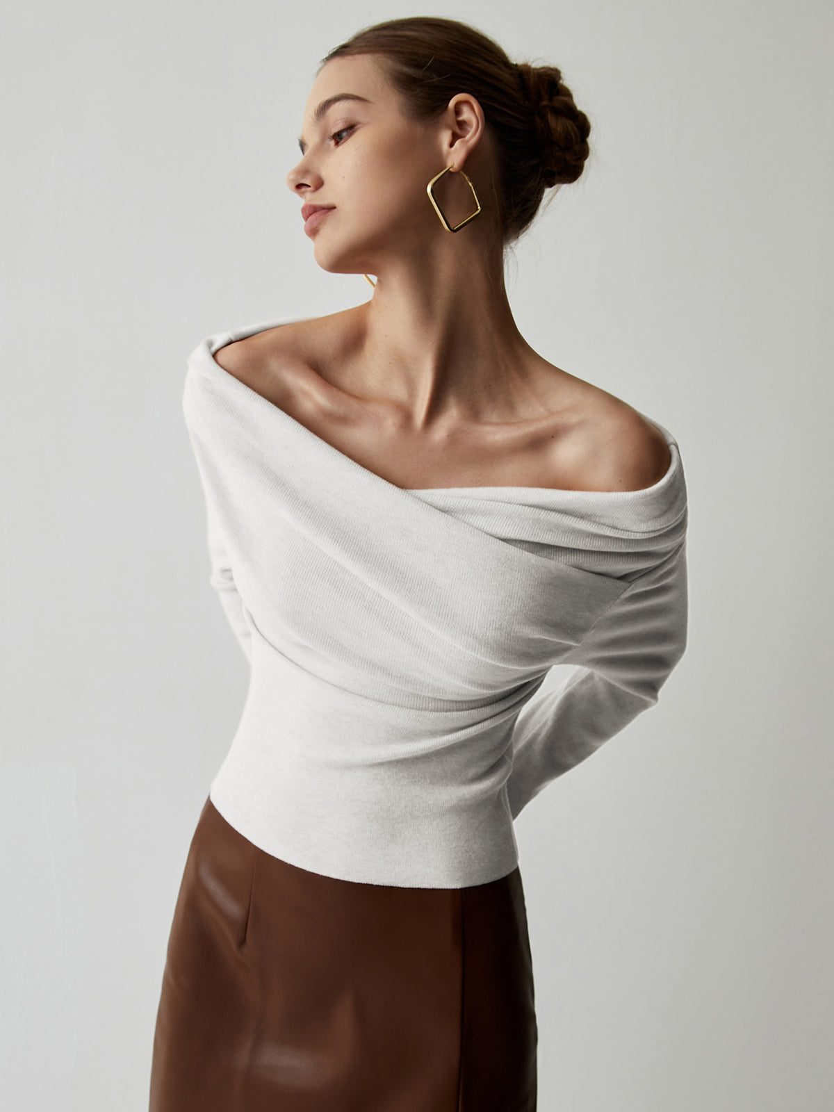 Off Shoulder Wrap Long Sleeve Knit Top in white