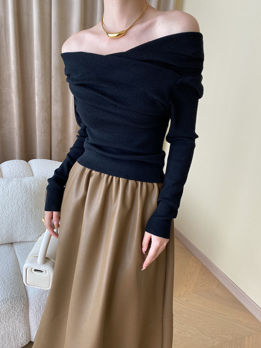 Off Shoulder Wrap Long Sleeve Knit Top in black