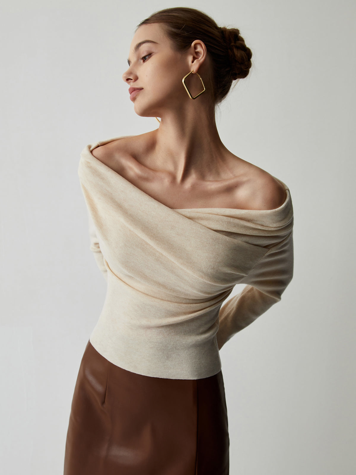 Off Shoulder Wrap Long Sleeve Knit Top in apricot