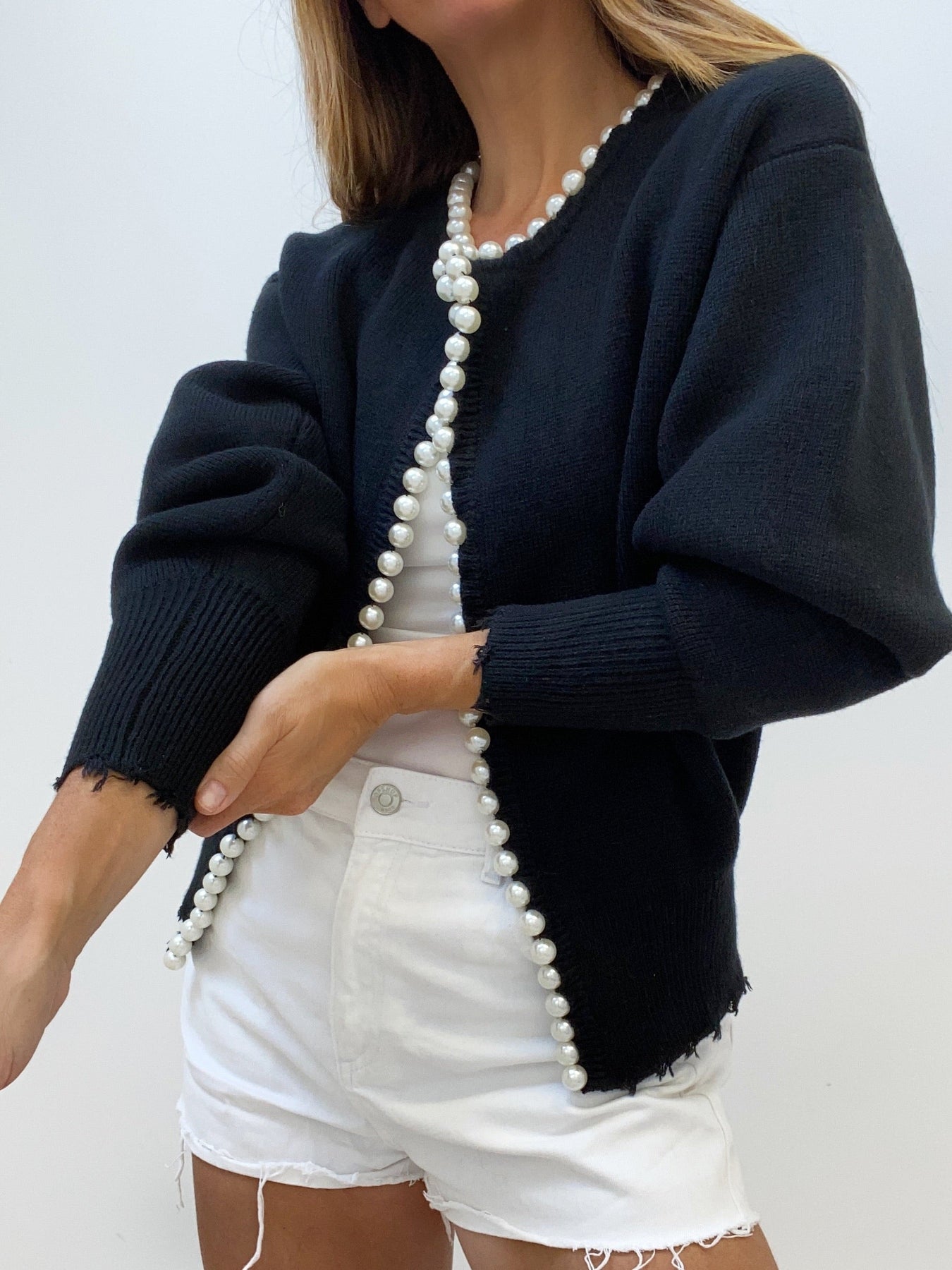 Pearl Trim Ripped Hem Cardigan Black