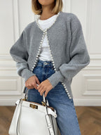 Pearl Trim Ripped Hem Cardigan Grey