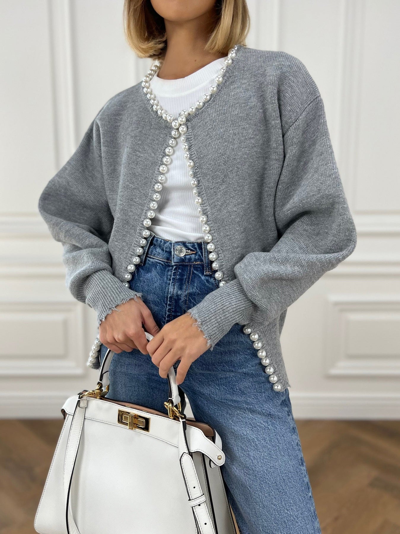 Pearl Trim Ripped Hem Cardigan Grey