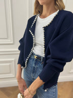 Pearl Trim Ripped Hem Cardigan Navy
