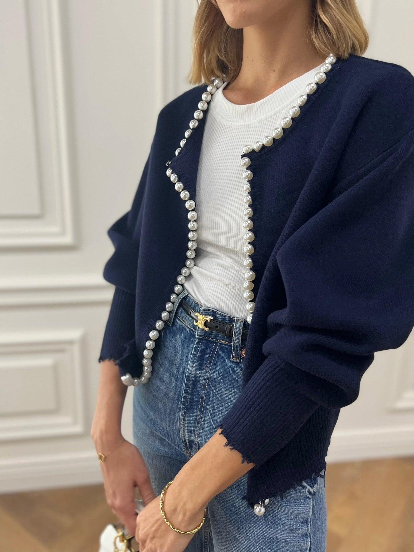 Pearl Trim Ripped Hem Cardigan Navy