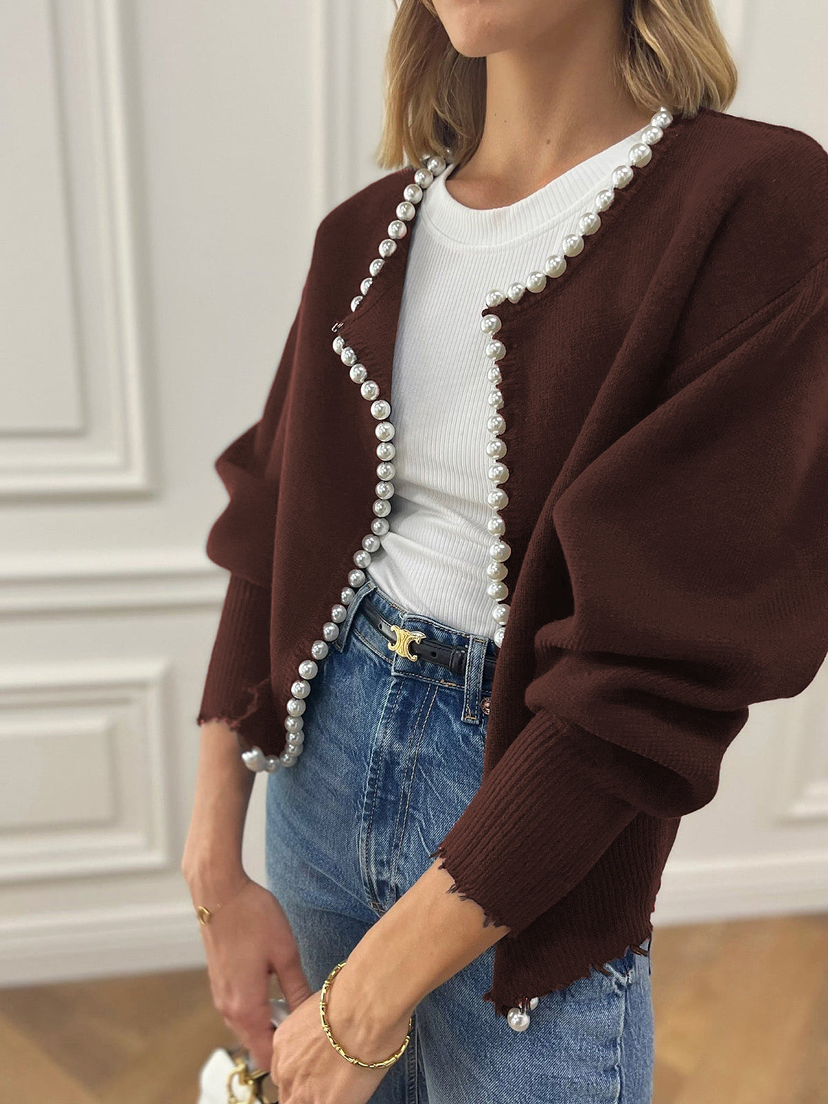 Pearl Trim Ripped Hem Cardigan Burgundy