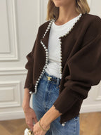 Pearl Trim Ripped Hem Cardigan Dark Brown