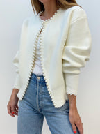 Pearl Trim Ripped Hem Cardigan White