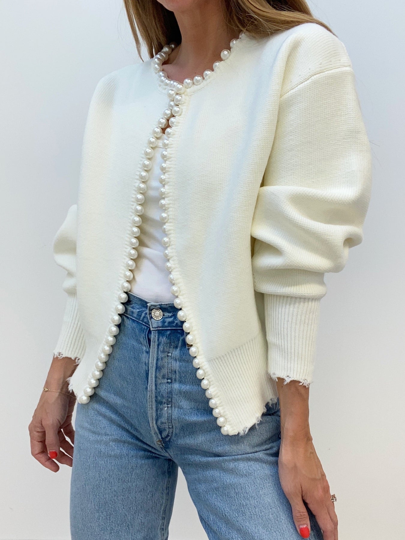 Pearl Trim Ripped Hem Cardigan White