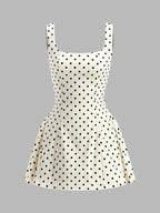 Polka Dot Lace-Up Back Dress in Off-White