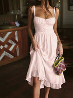 Ruffle Hem Cami Plain Midi Dress - Pink