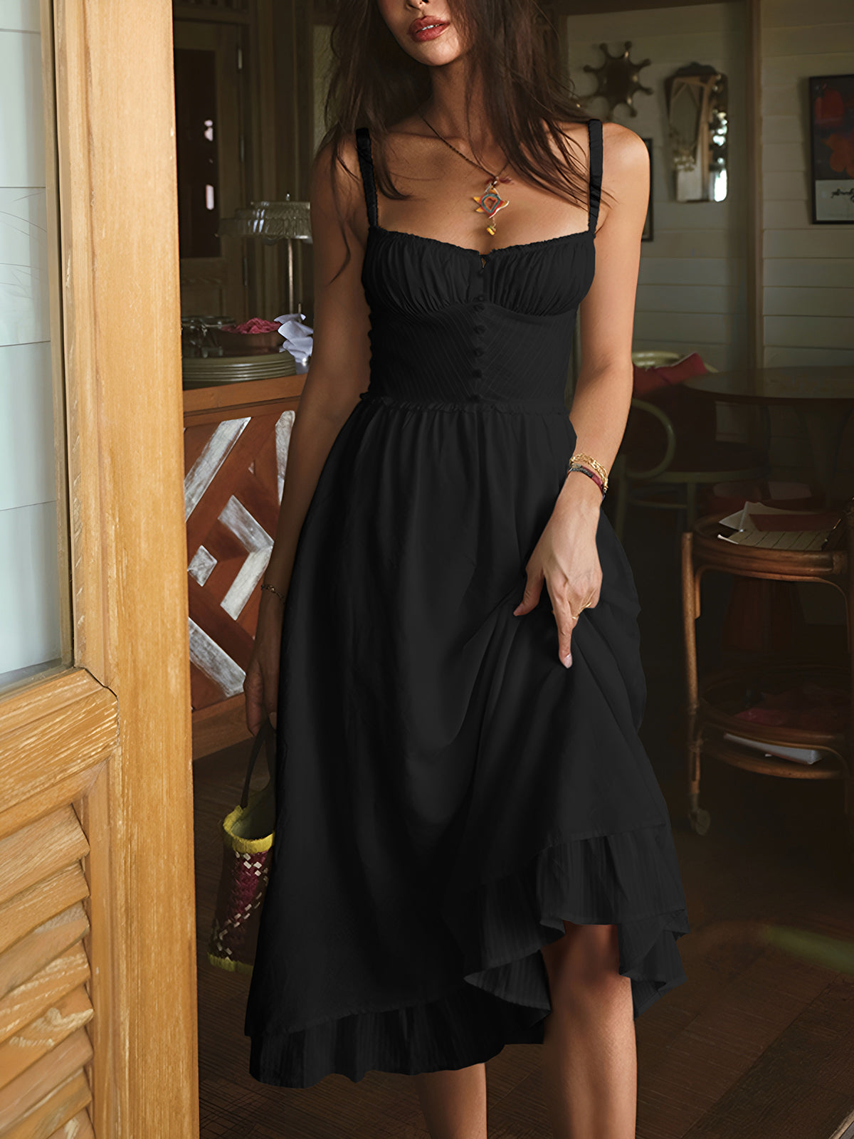 Ruffle Hem Cami Plain Midi Dress - Black