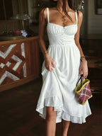 Ruffle Hem Cami Plain Midi Dress - White
