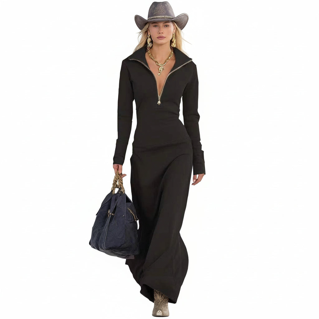 Slim Fit Long Dress Women Casual Long Sleeve Polo Collar Maxi Dress Zipper Polyester Fashion Dress