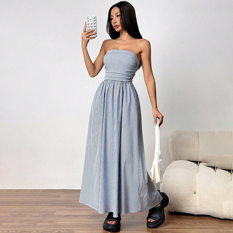 Strapless tube top maxi dress for women with pockets