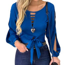 Tie front cut out top for women lace up long sleeve street style blouse

