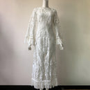 White lace dress on a mannequin against a plain background