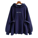 Navy blue hoodie with drawstrings on a white background
